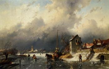Charles Henri Joseph Leickert : A Frozen River Landscape with a Horsedrawn Sleigh